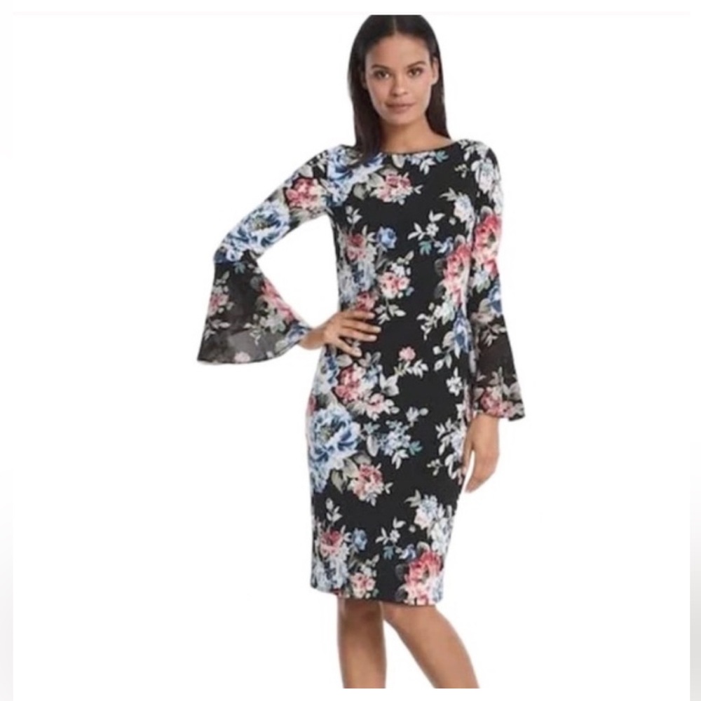 WHBM elegant floral design midi dress with bell sleeves,Small